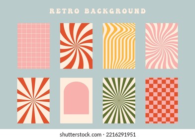 Groovy Hippie 60s Backgrounds. Fun Cartoon Hypnotic, Rays, Lollipop, Stripes, Chess. Vector Posters In Trendy Retro Psychedelic Style. Merry Christmas Vector Backgrounds. Vintage Old Style, 30s, 40s