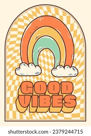 Groovy hippie 60s sticker. Funny cartoon rainbow on retro background. Sticker in trendy psychedelic cartoon style 70s. Stay groovy. Good vibes.