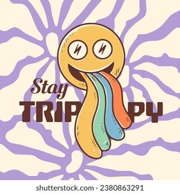 Groovy hippie 60s sticker. Funny cartoon smile with rainbow on flower background. Sticker in trendy retro psychedelic cartoon style 70s. Flower power. Stay trippy. Stay groovy.