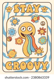 Groovy hippie 60s sticker. Funny cartoon smile with rainbow on flower background. Sticker in trendy retro psychedelic cartoon style 70s. Flower power. Stay trippy. Stay groovy.