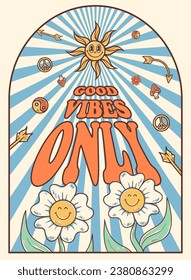 Groovy hippie 60s sticker. Sticker with smile daisy in trendy psychedelic cartoon style 70s. Good vibes on retro background. Stay groovy.