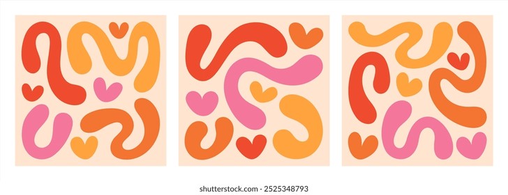 Groovy hippie 70s abstract illustrations set. Fluid organic shape blobs, hearts, squiggles, wavy doodle stripes inscribed in a square shape. Bold hand drawn lines. Valentine's day backgrounds.