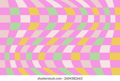 Groovy hippie 70s background. Chessboard, mesh, Checkerboard, waves pattern. Y2k aesthetic. Twisted and distorted vector texture in trendy retro psychedelic style.