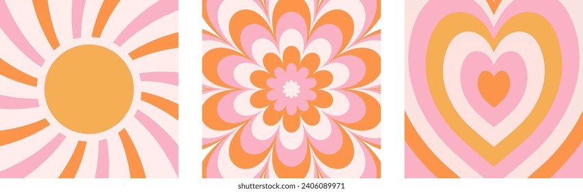 Groovy hippie 70s background set. Waves, swirl, twirl pattern with heart, sun, daisy flower. Twisted and distorted vector texture in a trendy retro psychedelic style. Pink, yellow, and orange colors