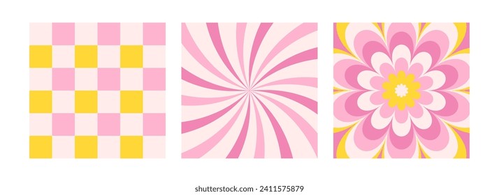 Groovy hippie 70s background set. Checkerboard, chessboard, waves, swirl, twirl pattern with daisy flower. Twisted and distorted vector texture in a trendy psychedelic style. Pink and yellow colors