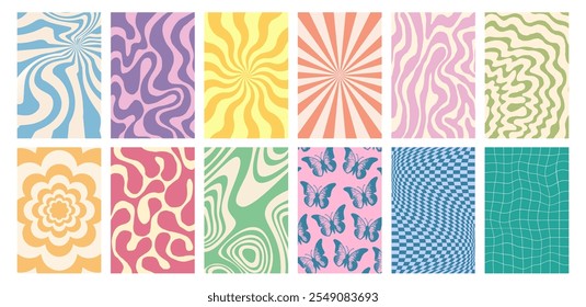 Groovy hippie 70s background set with swirl or twirl pattern, distorted wave, twisted texture, spiral checkerboard and brutalist geometric art in retro psychedelic y2k boho style. Groovy banner frame.