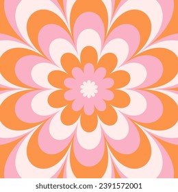 Groovy hippie 70s background. Wavy twirl pattern with daisy flowers. Twisted and distorted vector texture in a trendy retro psychedelic style. Y2k aesthetic.