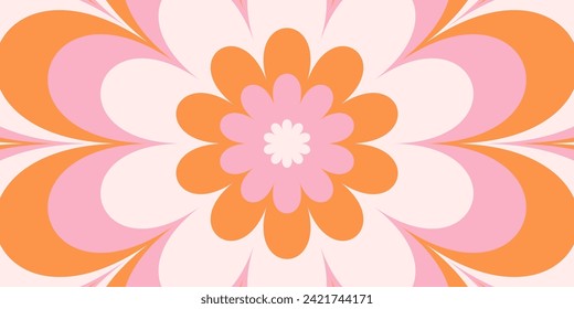 Groovy hippie 70s background. Wavy twirl pattern with daisy flowers. Twisted and distorted vector texture in a trendy retro psychedelic style. Y2k aesthetic.