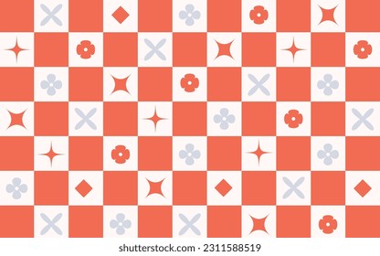 Groovy hippie 70s backgrounds. Checkerboard with flower in trendy retro style