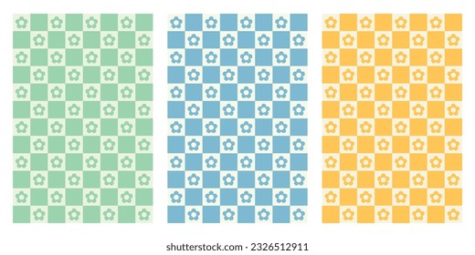 Groovy hippie 70s backgrounds. Checkerboard, chessboard, mesh, waves patterns. Y2k aesthetic