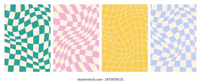 Groovy hippie 70s backgrounds. Checkerboard, chessboard, mesh, waves patterns. Twisted and distorted vector texture in trendy retro psychedelic style. Y2k aesthetic