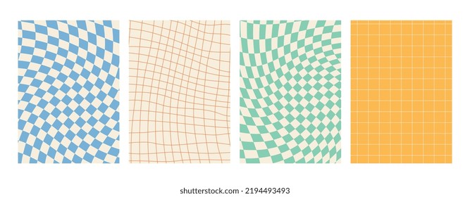 Groovy hippie 70s backgrounds. Chessboard, mesh, waves, swirl, twirl pattern. Twisted and distorted vector texture in a trendy retro psychedelic style. The aesthetics of the hippies of the 70s. 