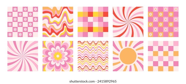 Groovy hippie 70s backgrounds and patterns. Waves, swirl, twirl pattern with sun, daisy, flower. Twisted and distorted vector texture in a trendy retro psychedelic style. Y2k aesthetic illustration