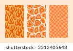Groovy Hippie 70s Backgrounds Set. Vector Psychedelic Wallpapers: Rainbow Hearts, Checkerboards, Fires in Trendy Retro Cartoon Style for Case Phone, Posters, Fliers, Cards, Social media Stories.