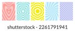 Groovy hippie 70s backgrounds set. Checkerboard, chessboard, mesh, waves, swirl, twirl pattern with heart, daisy flower. Twisted and distorted vector texture in trendy retro psychedelic style.
