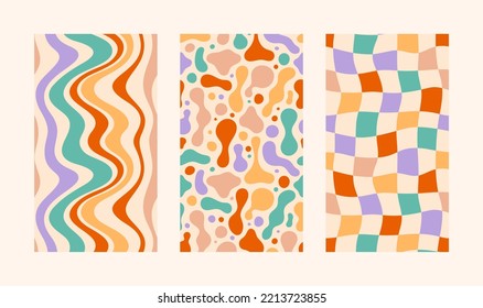 Groovy Hippie 70s Backgrounds Set. Papel de escritorio para vectores psicodélicos: Bandas onduladas, Formas para fluidos de lámparas de lava, tableros de cheques en estilo retro para teléfono de estuche, afiches, volantes, tarjetas, historias de medios sociales.