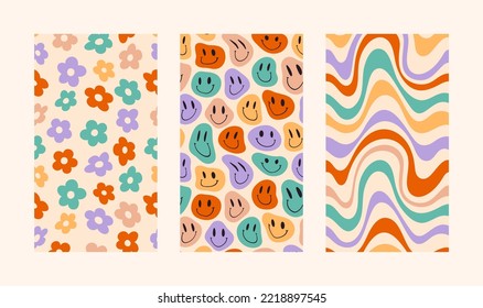 Groovy Hippie 70s Backgrounds Set. Vector Psychedelic Wallpapers: Daisy Flowers, Wave Stripes in Retro Cartoon Style for Case Phone, Posters, Cards, Social media Stories.