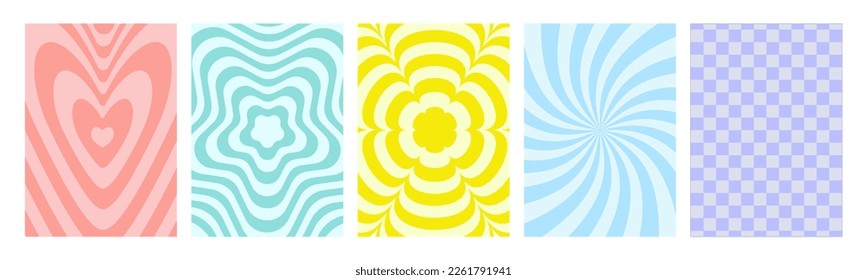 Groovy hippie 70s backgrounds set. Checkerboard, chessboard, mesh, waves, swirl, twirl pattern with heart, daisy flower. Twisted and distorted vector texture in trendy retro psychedelic style.
