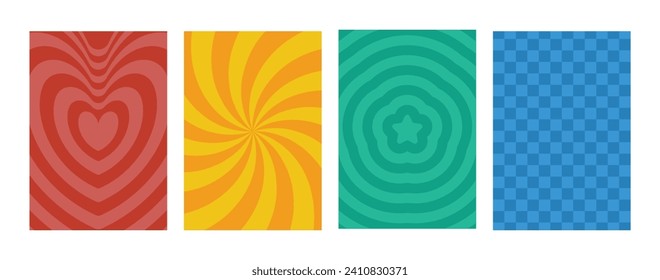 Groovy hippie 70s backgrounds set. Checkerboard, chessboard, mesh, waves, swirl, twirl pattern with heart, daisy flower. Twisted and distorted vector texture in trendy retro psychedelic style.