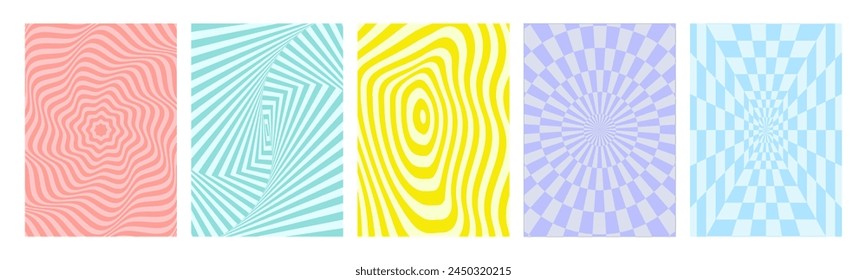 Groovy hippie 70s backgrounds set. Checkerboard, chessboard, mesh, waves, swirl, twirl pattern. Twisted and distorted vector texture in trendy retro psychedelic style.