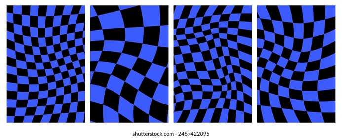 Groovy hippie 70s backgrounds set. Checkerboard, chessboard, mesh, waves, swirl, twirl pattern. Twisted and distorted vector texture in trendy retro psychedelic style.