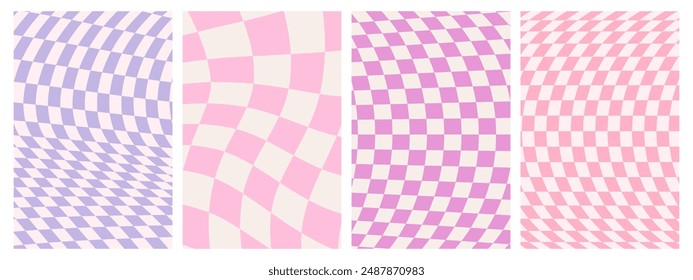 Groovy hippie 70s backgrounds set. Checkerboard, chessboard, mesh, waves, swirl, twirl pattern. Twisted and distorted vector texture in trendy retro psychedelic style.