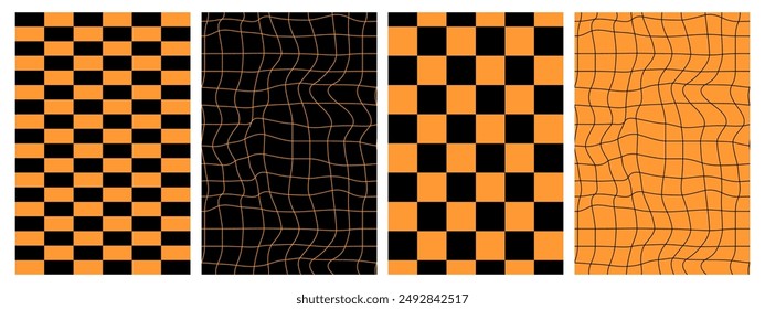 Groovy hippie 70s backgrounds set. Checkerboard, chessboard, mesh, waves, swirl, twirl pattern. Twisted and distorted vector texture in trendy retro psychedelic style.