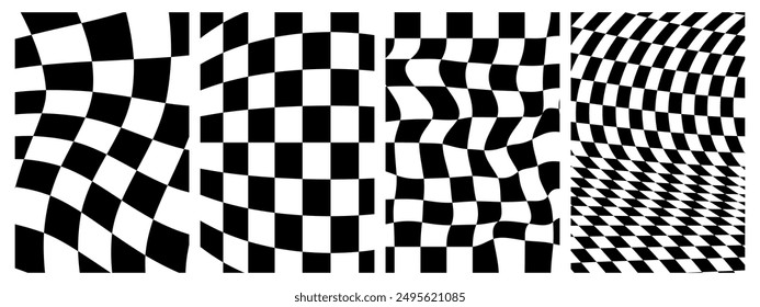 Groovy hippie 70s backgrounds set. Checkerboard, chessboard, mesh, waves, swirl, twirl pattern. Twisted and distorted vector texture in trendy retro psychedelic style.