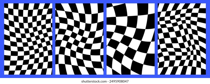 Groovy hippie 70s backgrounds set. Checkerboard, chessboard, mesh, waves, swirl, twirl pattern. Twisted and distorted vector texture in trendy retro psychedelic style.
