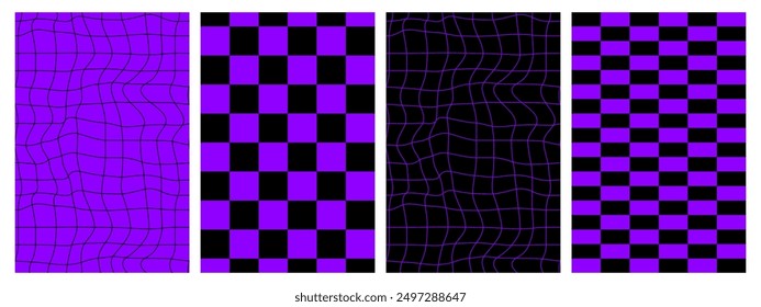 Groovy hippie 70s backgrounds set. Checkerboard, chessboard, mesh, waves, swirl, twirl pattern. Twisted and distorted vector texture in trendy retro psychedelic style.