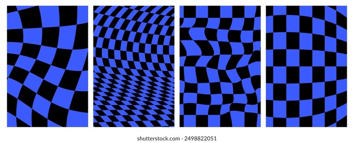 Groovy hippie 70s backgrounds set. Checkerboard, chessboard, mesh, waves, swirl, twirl pattern. Twisted and distorted vector texture in trendy retro psychedelic style.