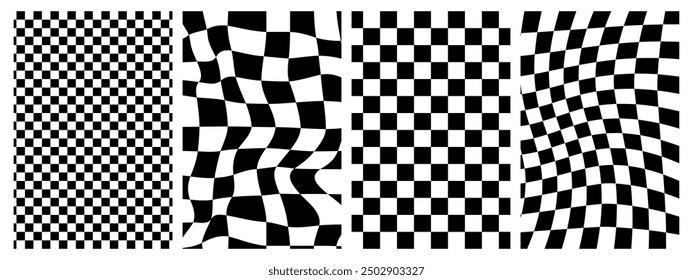 Groovy hippie 70s backgrounds set. Checkerboard, chessboard, mesh, waves, swirl, twirl pattern. Twisted and distorted vector texture in trendy retro psychedelic style.