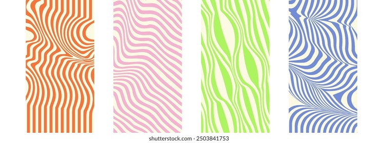 Groovy hippie 70s backgrounds set. Waves, swirl, twirl pattern collection. Twisted and distorted vector texture in trendy retro psychedelic style. Y2k aesthetic. Vector illustration