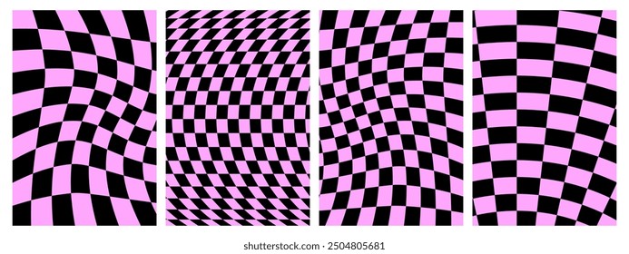 Groovy hippie 70s backgrounds set. Checkerboard, chessboard, mesh, waves, swirl, twirl pattern. Twisted and distorted vector texture in trendy retro psychedelic style.