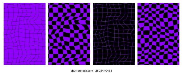 Groovy hippie 70s backgrounds set. Checkerboard, chessboard, mesh, waves, swirl, twirl pattern. Twisted and distorted vector texture in trendy retro psychedelic style.