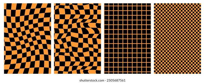Groovy hippie 70s backgrounds set. Checkerboard, chessboard, mesh, waves, swirl, twirl pattern. Twisted and distorted vector texture in trendy retro psychedelic style.
