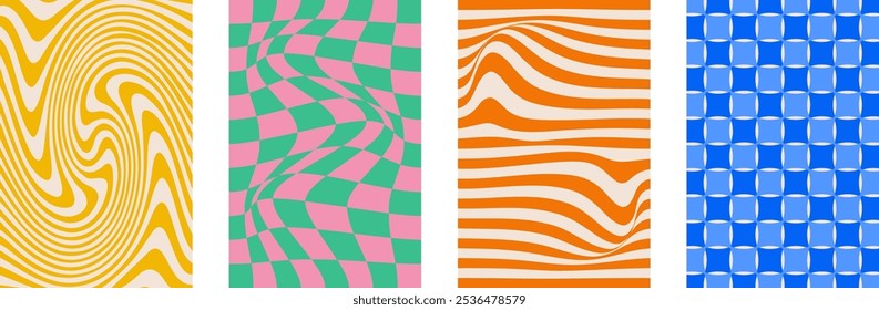 Groovy hippie 70s backgrounds set. Checkerboard, chessboard, mesh, waves, swirl, twirl pattern. Twisted and distorted vector texture in trendy retro psychedelic style.