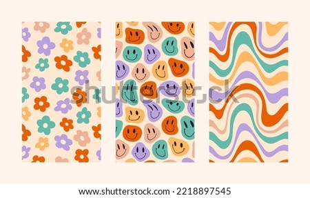 Groovy Hippie 70s Backgrounds Set. Vector Psychedelic Wallpapers: Daisy Flowers, Wave Stripes in Retro Cartoon Style for Case Phone, Posters, Cards, Social media Stories.