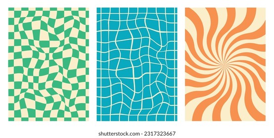 Juego de vectores de fondo Groovy hippie 70s. Giro estético, malla, espiral, texturas de ajedrez. Ilustración vectorial de moda en estilo retro