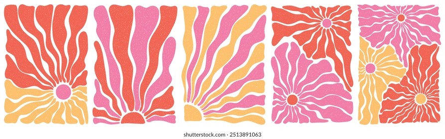 Groovy hippie 70s backgrounds. Vector grain texture. Vintage background with sun and flower. Summer vibe design. Pink, yellow, red colors. Doodle shapes in trendy naive hippie 60s 70s style Hand drawn