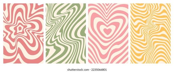 Groovy hippie 70s backgrounds. Waves, swirl, twirl pattern with heart, daisy, flower. Twisted and distorted vector texture in trendy retro psychedelic style. Y2k aesthetic.