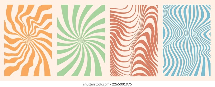 Groovy hippie 70s backgrounds. Waves, swirl, twirl pattern with heart, daisy, flower. Abstract horizontal background with colorful waves. Vector illustration