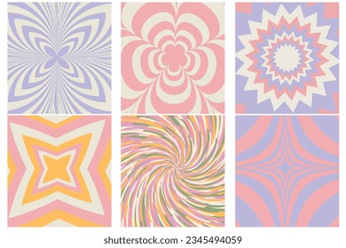 Groovy hippie 70s backgrounds. Waves, swirl, twirl pattern with heart, daisy, flower, butterfly. Twisted and distorted vector texture in trendy retro psychedelic style. Y2k aesthetic. Vector