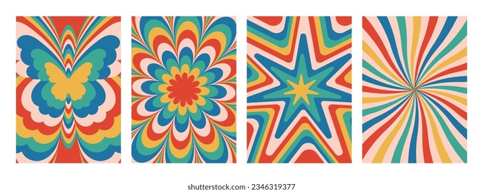 Groovy hippie 70s backgrounds. Waves, swirl, twirl pattern with stars, daisy flower, butterfly, sunburst. Twisted and distorted vector texture in trendy retro psychedelic style. Y2k aesthetic.

