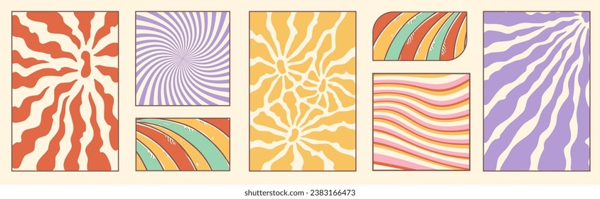 Groovy hippie 70s backgrounds. Waves, swirl, twirl, flower, rays and rainbow pattern. Twisted and distorted vector set in retro psychedelic style. Y2k aesthetic.