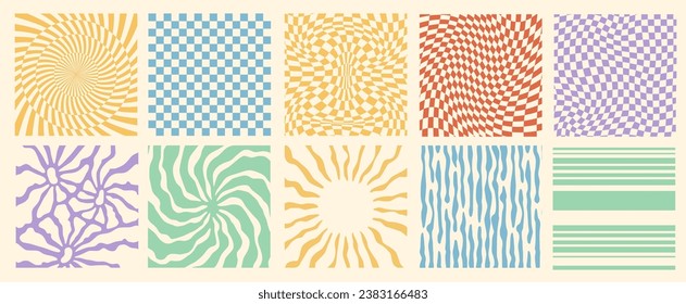 Groovy hippie 70s backgrounds. Waves, swirl, twirl, flower, rays pattern. Twisted and distorted vector set in retro psychedelic style. Y2k aesthetic.