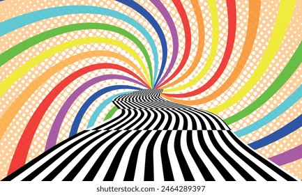 Groovy hippie 70s backgrounds. Waves, swirl, twirl pattern. Twisted and distorted vector texture in trendy retro psychedelic style. Y2k aesthetic.
