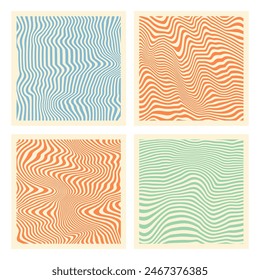 Groovy hippie 70s backgrounds. Waves, swirl, twirl pattern. Twisted and distorted vector texture in trendy retro psychedelic style. Y2k aesthetic.