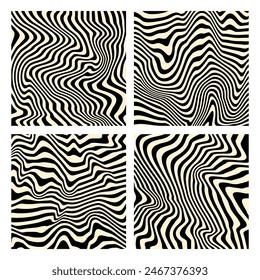 Groovy hippie 70s backgrounds. Waves, swirl, twirl pattern. Twisted and distorted vector texture in trendy retro psychedelic style. Y2k aesthetic.