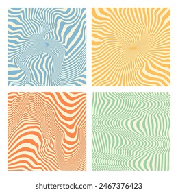 Groovy hippie 70s backgrounds. Waves, swirl, twirl pattern. Twisted and distorted vector texture in trendy retro psychedelic style. Y2k aesthetic.